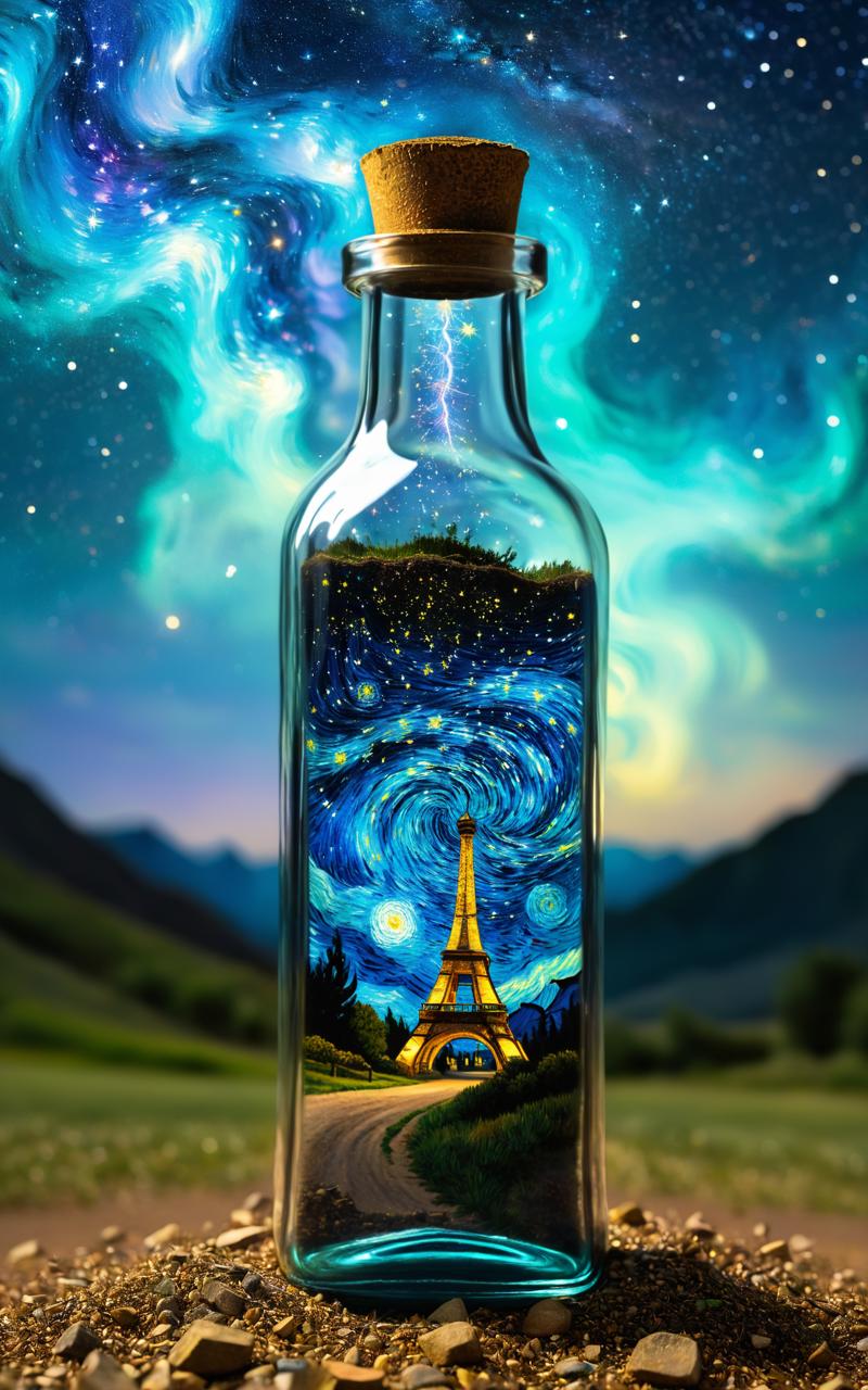 04067-3334827977-Starry sky Van Gogh painting trapped inside a hourglass bottle. Color and starry skies spilling out of the bottle and pooling on.png